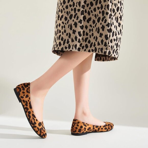 Women Brown-Leopard Round Toe Flats Pull-on Comfortable Ballerina Dress Shoes - Picture 9 of 9